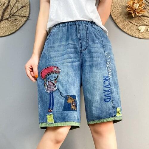 Baggy Boyfriend Shorts Jeans Women High Waist Cartoon Patchwork Distressed Denim Short Femme Ripped Streetwear Shorts Teen Girls