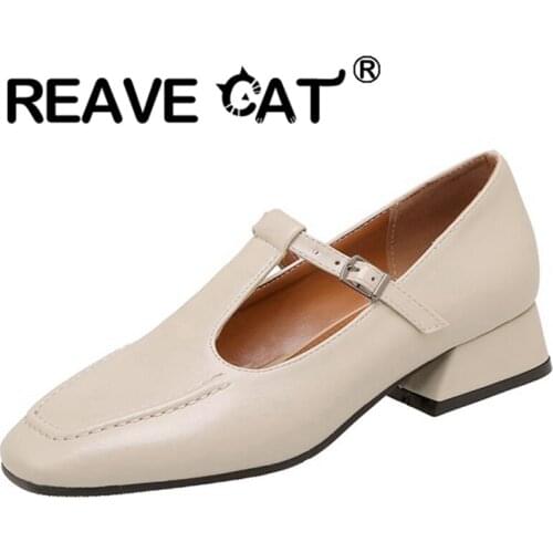 REAVE CAT 2021 Lofers Flats Comfort Plus T Strap Square Toe Belt Buckle 3cm Chunky Heel Shoes Size 32-46 Black Beige Brown A4189
