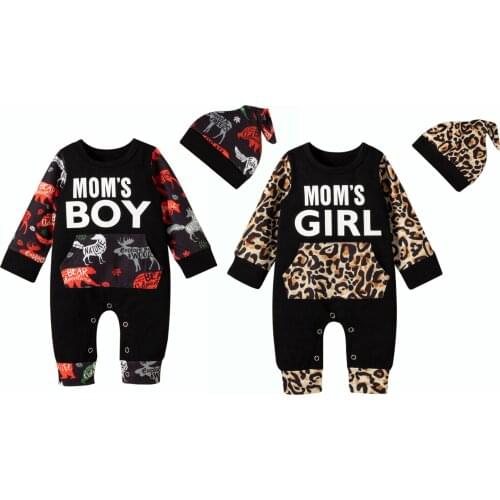 Spring Fall Infant Baby Rompers Letter Leopard Dinosaur Baby Boy Girl Long Sleeve Costume Clothes Baby jumpsuit+Hat