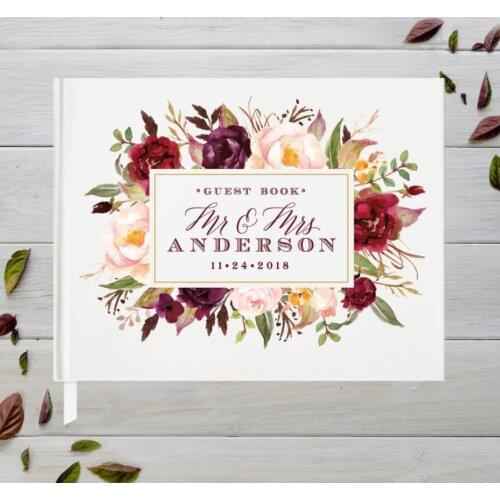 Custom Wedding Guest Book Burgundy Floral Rustic Wedding Decoration Marsala Personalized Wedding Guestbook White Wedding Decor