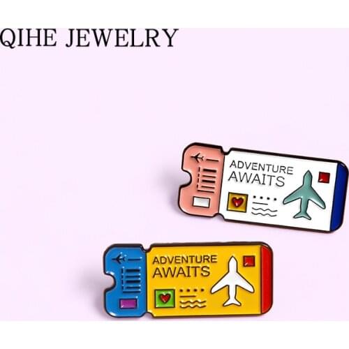 Air ticket Pins Adventure Awaits Brooches Custom Travel Enamel Pin Badge Explorer tickets Lapel Pin for Friends