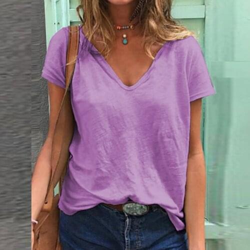 Women T-Shirts And Tops Summer Short Sleeve Basic Shirts Solid V-Neck Casual Loose Style Tee Plus Size Tops Multi Color S-5XL