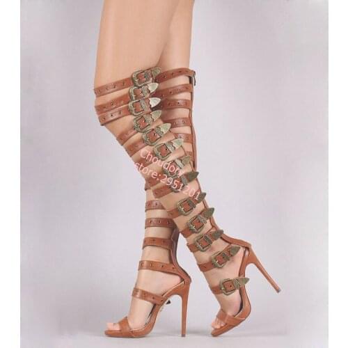 Women Roman Gladiator Sandal Boot Hollow Out Sandals Sexy Dancing Party Shoes Woman Black Cut Outs Buckles Over The Knee Boots