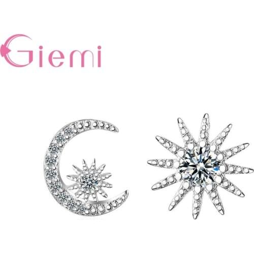 Solid 925 Sterling Silver Super Shining Cubic Zirconia Crystal Stud Earrings Delicate Compact Moon Sun Design For Women