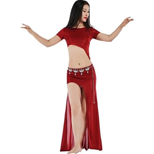 2018 Women Dance Wear Girls Belly Dance Costume Long Maxi Skirt Side Slit Outfit Elastic Sparkles Asymmetrical Dresses
