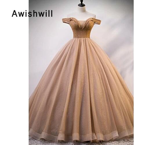 Fashion Ball Gown Prom Dress Off The Shoulder Tulle Beadings Evening Dresses Long Lace-up Back Vestido de Fiesta de Gala