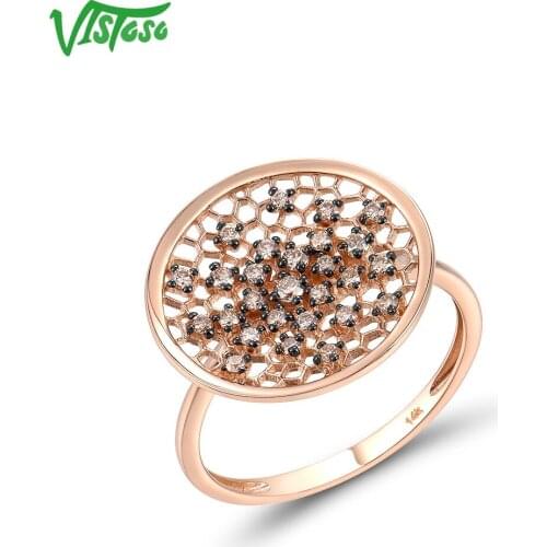 VISTOSO Pure 14K 585 Rose Gold Ring For Women Sparkling Brown Diamond Hollow Big Round Ring Wedding Engagement Gift Fine Jewelry