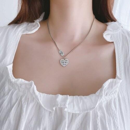 Fashion Trendy Love Heart Engraved Letter Sterling Silver Pendant Necklace For Women Retro Clavicle Chain 925 Jewelry Gift