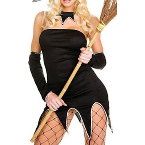 2016 New Design Fashion Black Super Sexy Cosplay Witch Costume Hot Sale Black Strapless Irregular Hem Women Witch Dress W335009