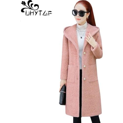 UHYTGF Winter coat women Quality gold Mink Cashmere Autumn wool coat thickened hooded cold warm plus size tops coats Genuine 985