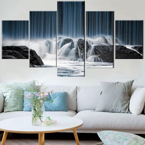 5 Pieces Canvas Wall Art Painting Waterfall Crashing Landscape Poster Modern Home Decoration Living Room Bedroom Pictures