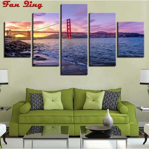 5d full Square Golden Gate Bridge Picture Diamond Mosaic Embroidery 3D City Sunset landscape Diamond Painting Room Decor
