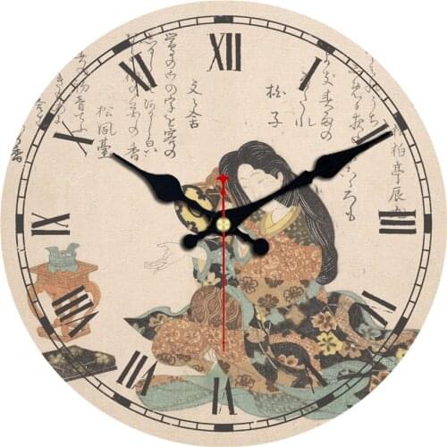 Large Wooden Round Wall Clock,Tradition Chinese Tang Suit Women Painting on Chinese Temple Wall Silent Wall Clock For Bedroom