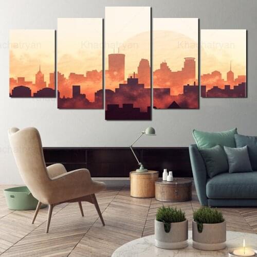 Decorative Posters Five-Piece Set Art Painting City Series Illustration Feeling Living Room Canvas Painting Home Decoration