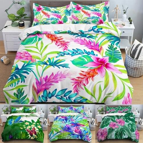 Tropical Leaves Butterfly Pattern Bedding Set For Bedroom Comfortable Floral Duvet Cover And Pillowcase 2/3pc Quilt Cover Set