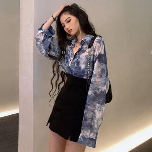 Suit Womens Long-sleeved Shirt Spring and Autumn 2021 New Blue Tie-dye Blouse + Fashion Short Skirt Two-piece Suit