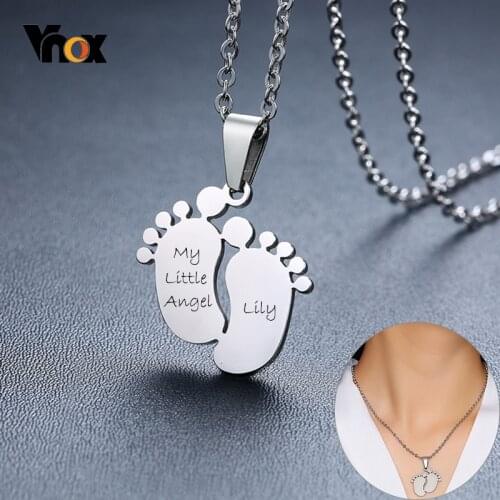 Vnox Cute Footprint Baby Feet ID Pendant Personalize Name Never Fade Stainless Steel Unisex Necklace
