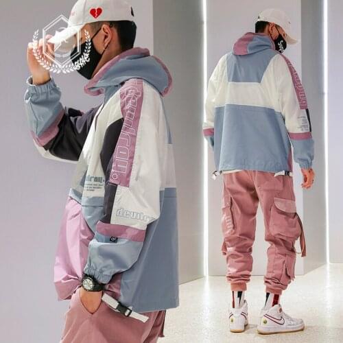 Men Fashion Loose Print Street Jacket Casual Patchwork Hip Hop Coat with Hooded