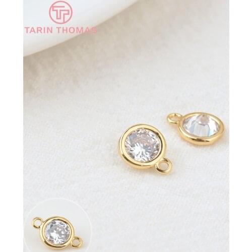 10PCS 6.5x8MM Hole 1MM 24K Gold Color Plated Brass with Zircon Round Pendants Charms High Quality DIY Jewelry Making Findings