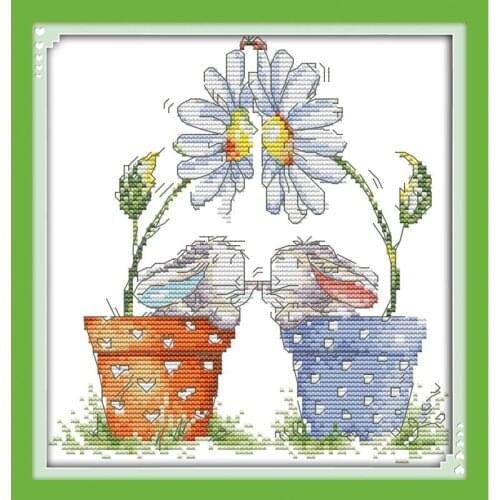 Little Rabbits In Pot Cartoon Baby Room Decoration Counted Print on Canvas DMC 14CT 11CT Cross Stitch Kits,embroidery Needlework