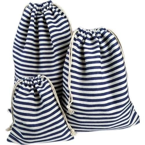 Navy Stripe Linen Drawstring Pouches 9x12cm 10x15cm pack of 50 party Candy Sack Makeup Jewelry Cotton Gift Packaging bag
