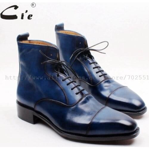 Cie Square Captoe Lace-Up Handmade Hand-Painted Navy 100% Genuine Calf Leather Hidden Suture Goodear Welted Men Leather BootA156