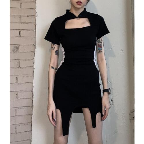 Spice Girl Design irregular dress 2021 new stitching contrast color hollow out slim dresses