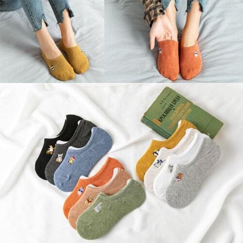 Socks Womens Cotton Embroidered Korean Cute Shallow Mouth Silicone Non-Slip Hidden Womens BoatSocks Cartoon SpringFashion 2020