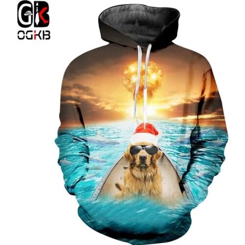 OGKB Winter Christmas Man Hoodies 3D Printed Fish And Sunglasses Dog Personality Explosion Background Spandex Pullover