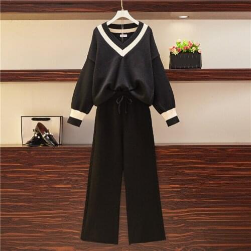 Autumn winter large size V-neck loose sweater wide-leg pants two-piece set ensemble femme survetement year-old female costume