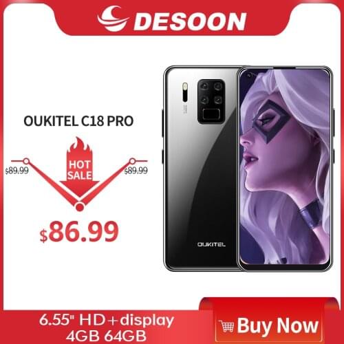 OUKITEL C18 Pro 6.55'' HD+ 4GB 64GB 4000mAh Octa Core Smartphone Face ID Fingerprint Android 9.0 Rear Cameras Mobile Phone