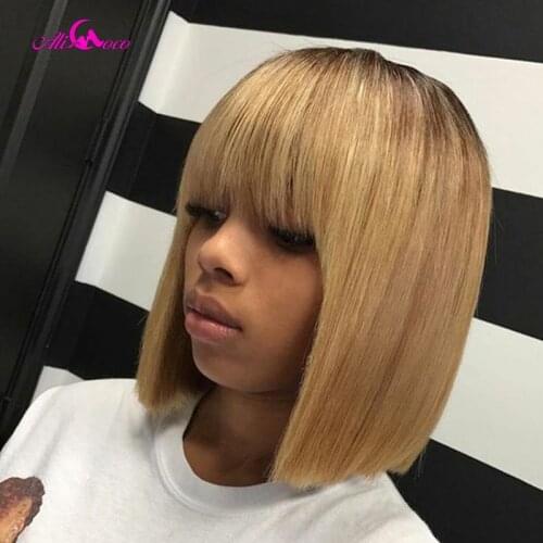 Ali Coco 1B 27 Colored Straight Short Cut Bob Wig with Bangs Honey Blonde Brazilian Remy Human Hair Full Machine Wigs For Women