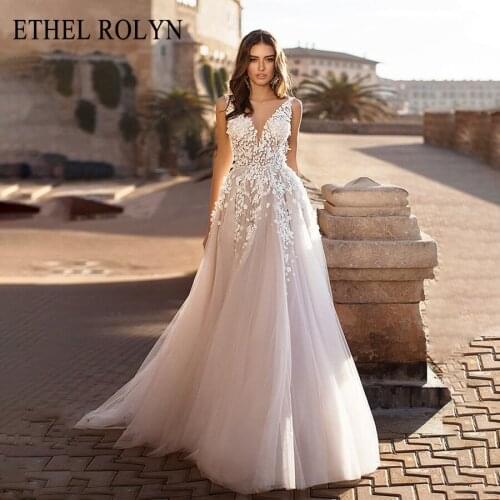ETHEL ROLYN Sexy Backless Wedding Dresses 2021 Vestido De Noiva champagne Boho A-Line V-neck Tulle 3D Lace Flowers Bride Dress