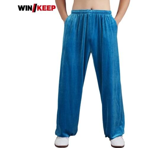 Men Women Winter Warm Velvet Outdoor Wushu Training Long Pants Wing Chun Elastic Waist Loose Fit Taichi Martial Arts Sport Pants