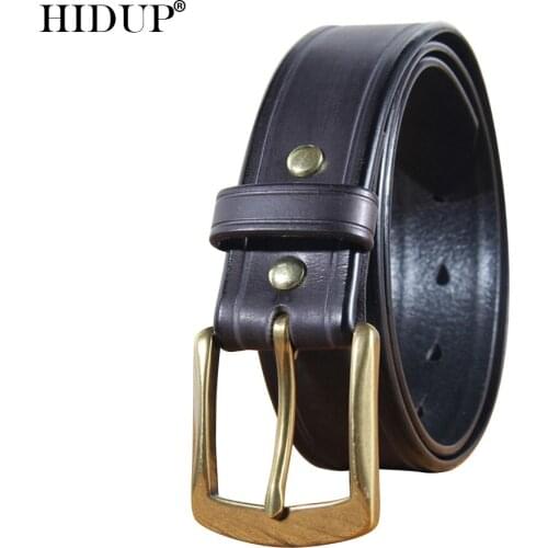 HIDUP Top Quality 100% Pure Cowhide Leather Belt Brass Pin Buckle Metal Belts Men Retro Casual Styles Jeans Accessories NWJ912
