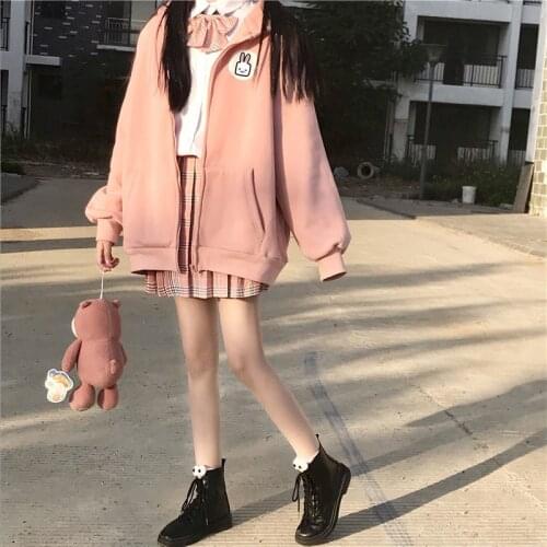 Japanese Preppy Style Sweety Soft Girly Kawaii Rabbit Printing Cute Full Sleeve Hooded Vintage Zippers Cardigan Hoodie Coat