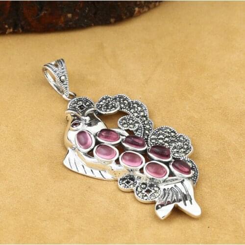 925 Sterling Silver Jewelry Retro Thai Silver Men And Women Models Inlaid Marcasite Fish Delicate Garnet Pendant
