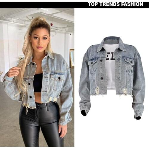 2021 European And American Women Spring And Summer Mix And Match Loose Womens Short Cropped Denim Jacket Jacket Ripped Tassels