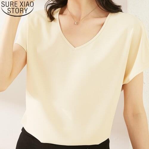 2021 New Plus Size Office Lady Satin Blouse Women Short Sleeve Blouse Solid V-neck Loose Imitation Silk Chiffon Blouses 13880