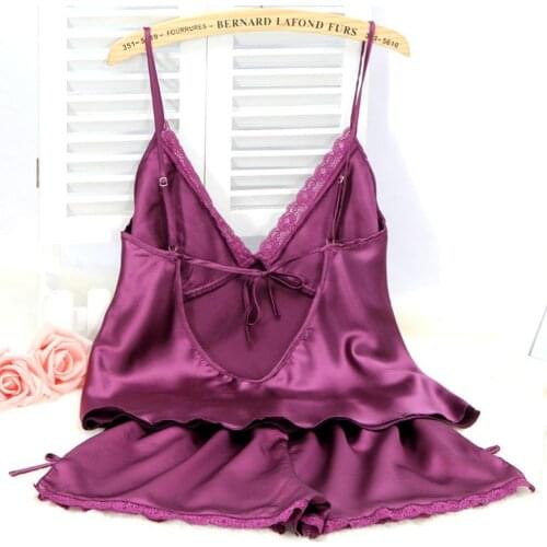 Women Sexy Solid Color Lace Pajamas Spaghetti Straps Camisole Elastic Shorts