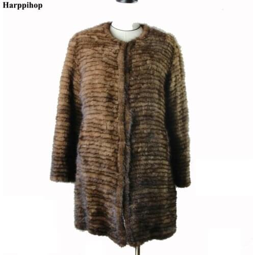 Real Knit Mink Fur Jacket For Women Top Fashion Natural stripe Mink Fur Coat 2018 New Long Slim Real Fur Coat Size