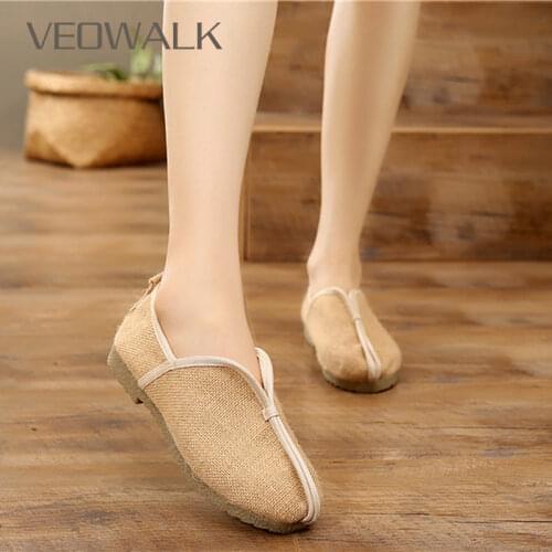 Veowalk Handmade Women Linen Cotton Loafers Ladies Plain Slip-on Flat Sneakers Unisex Low Top Comfortable Driving Shoes