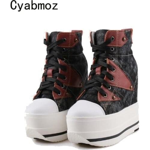 Cyabmoz Height increasing Shoes Woman Sneakers High heels Pumps Denim Platform Breathable Lace up New Women Party Ladies Shoes