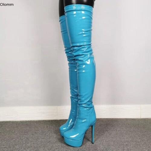 Olomm Women Platform Thigh High Boots Sexy Stiletto High Heels Boots Round Toe Pretty Blue Party Shoes Women Plus US Size 5-15