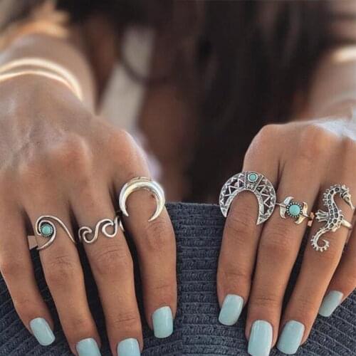 TianBo 6 pcs/set Knuckle Ring Set For Women Waves Seahorse Moon Hollow Flower Crescent Mid Finger Rings Silver Color Jewelry