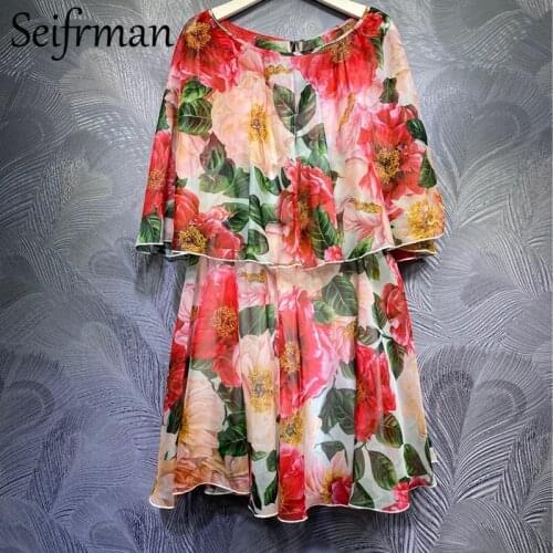 Seifrmann New 2021 Summer Women Fashion Runway Short Dress Batwing Sleeve Ruffles Floral Print Elegant Ladies Dress Vestidos