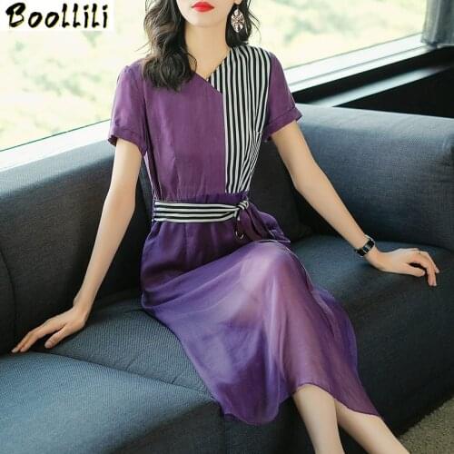 Boollili Real Silk Dress Summer Dress Women Korean Fashion Spliced Midi Dress Elegant Vintage Party Dress Vestidos Mujer