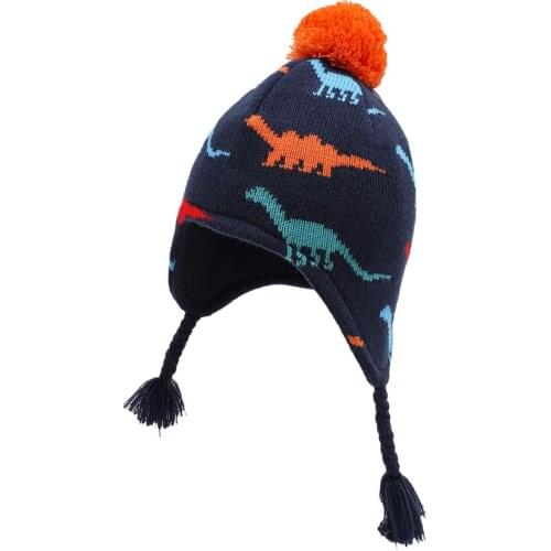 Connectyle Baby Infant Boys Winter Cartoon Dinosaur Kids Skull Cap Fleece Lined Knit Beanie Hat Earflap Warm Hats With Pom-Pom