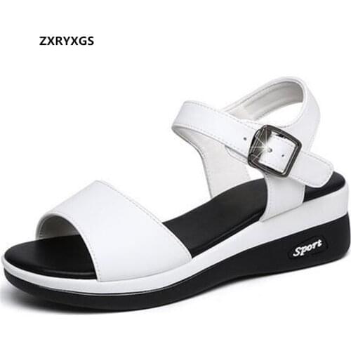 2019 Open Toe Simple Summer Sandals Real Leather Shoes Casual Flat Sandals Non-slip Slope with Thick-soled Women Shoes Sandals