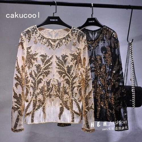 Cakucool Hot Transparent Long Sleeve Blouse Sequined Beading Floral Shirts O-neck See-through Sexy Elegant Blusas Shirts Female